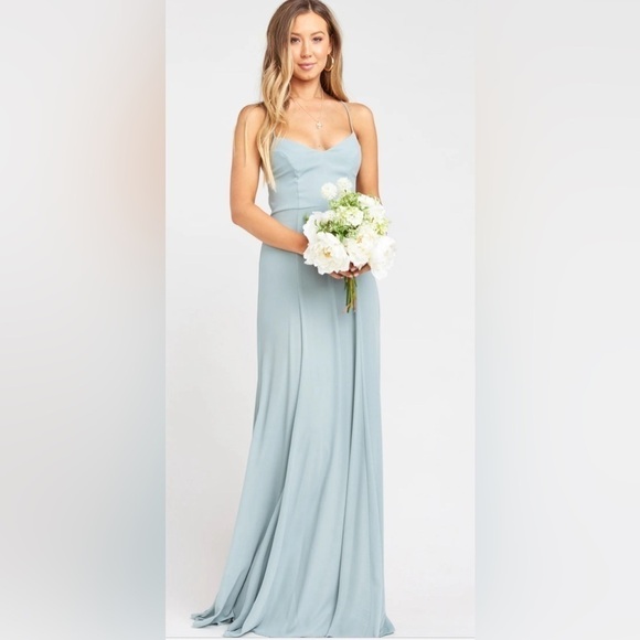 Show me your MUMU Godshaw Goddess Gown in Silver Sage Crisp NWOT Size Small - Picture 1 of 11